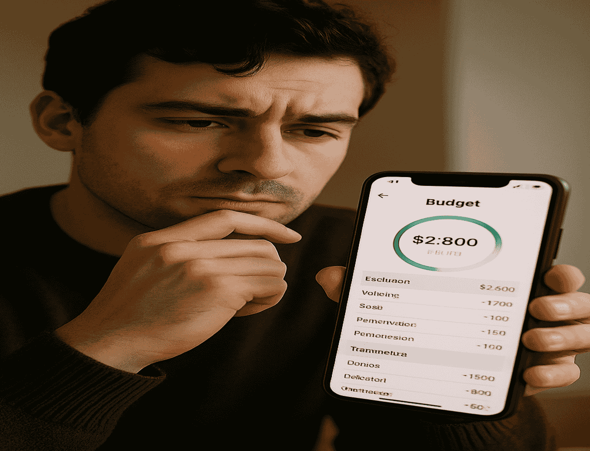 Man looking concerned while viewing a budget breakdown on his smartphone